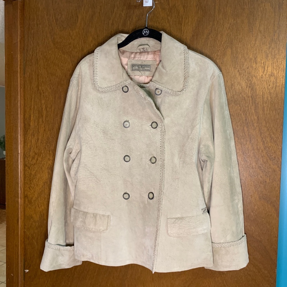 Guess Beige Suede Double Breasted Leather Jacket, Collared, Pockets, No Sizing